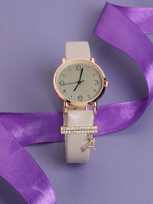 Round Analog Watch With A Liberty Initial Watch Charm - Grey