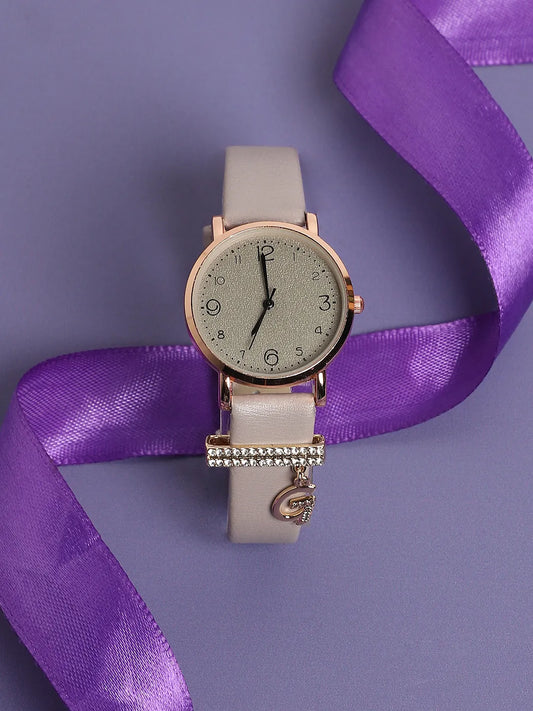 Round Analog Watch With G Liberty Initial Watch Charm - Grey
