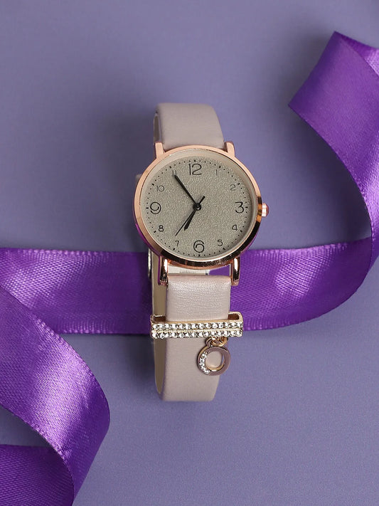 Round Analog Watch With O Liberty Initial Watch Charm - Grey