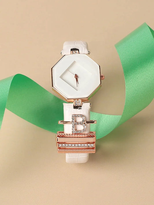 Hectagon Analog Watch With B Initial Watch Charm - White