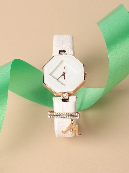 Hectagon Analog Watch With M Liberty Initial Watch Charm - White