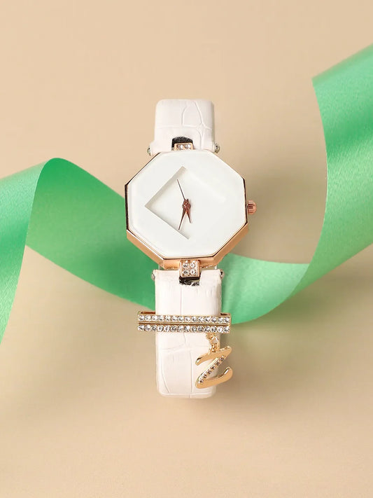 Hectagon Analog Watch With Z Liberty Initial Watch Charm - White