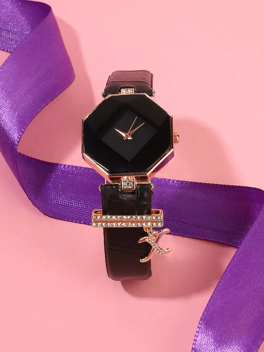 Hectagon Analog Watch With X Liberty Initial Watch Charm - Black