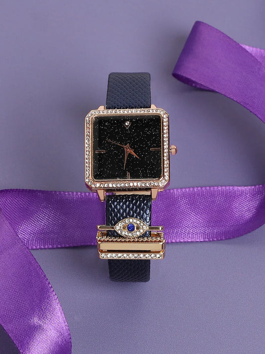 Square Analog Watch With Evil Eye Watch Charm - Black