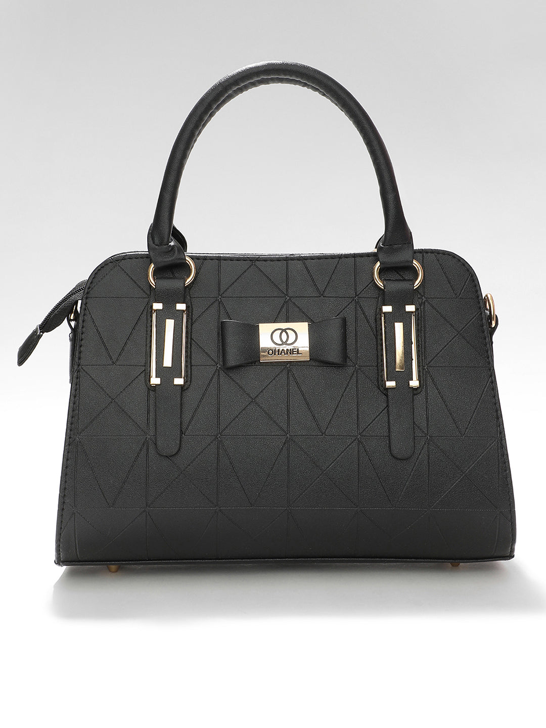 Black Solid Textured Handbag