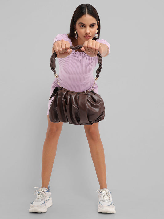 Ruched Pouch Handbag - Brown