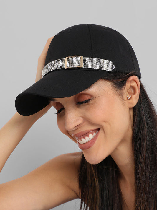 Rhinestone Buckle Baseball Cap - Black