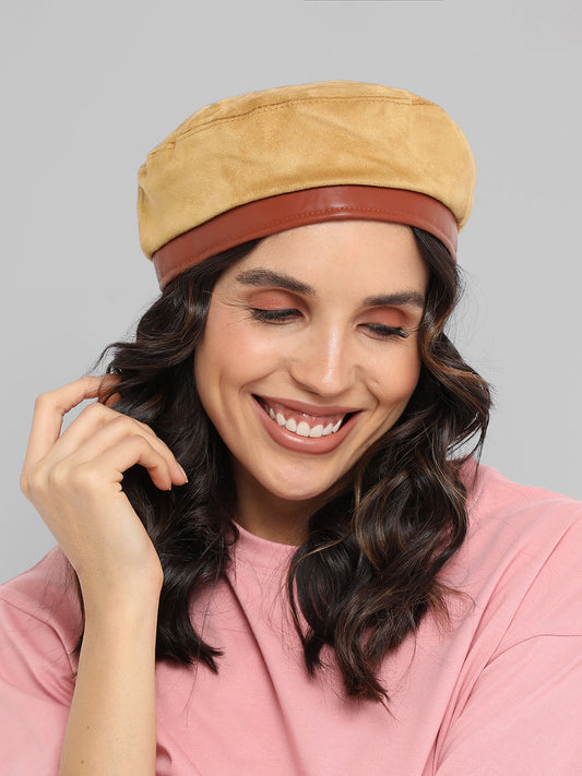 Contrast Texture Beret Hat - Beige & Brown