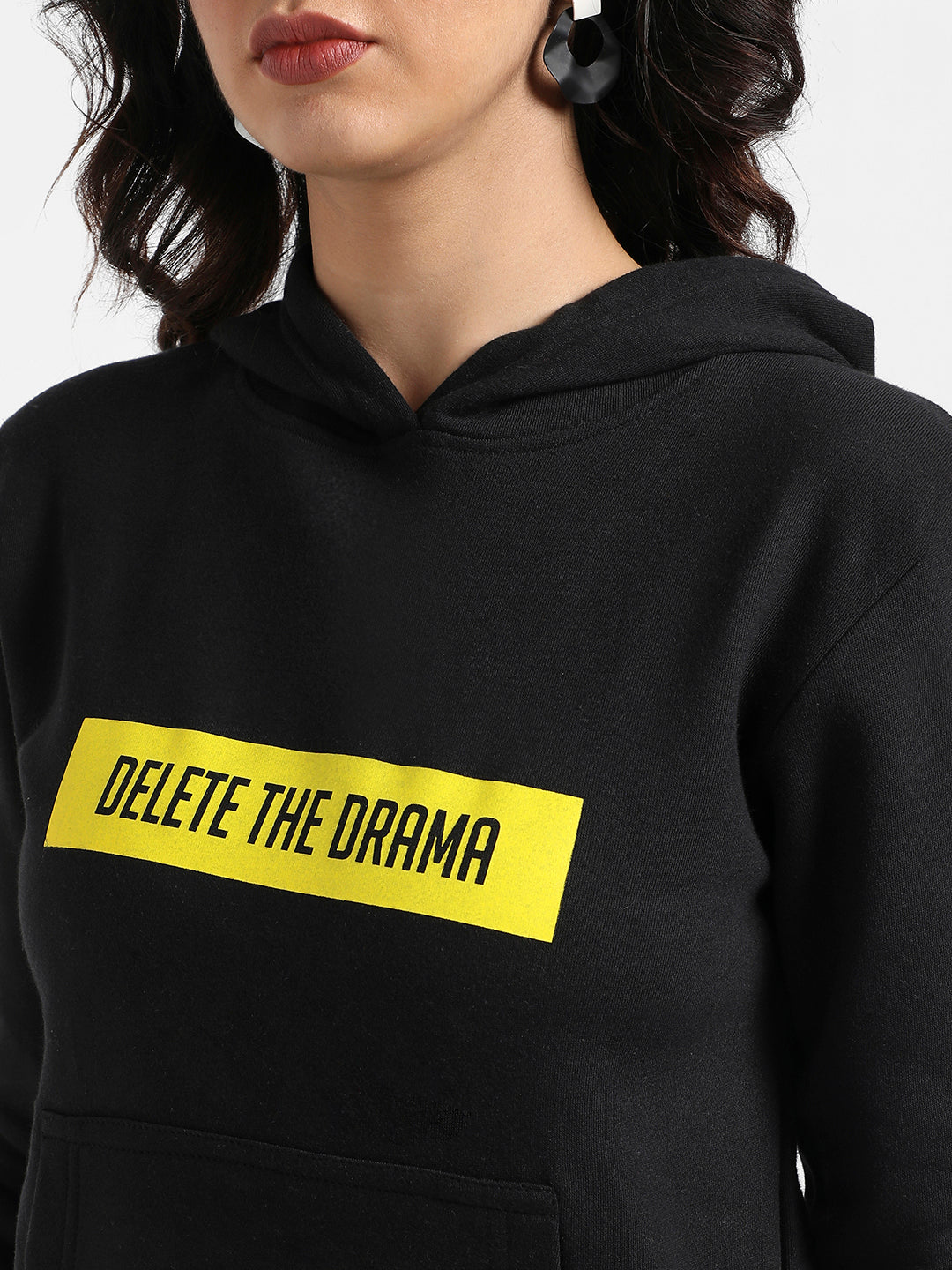 Black Delete The Drama Hoodie With Kangaroo Pockets