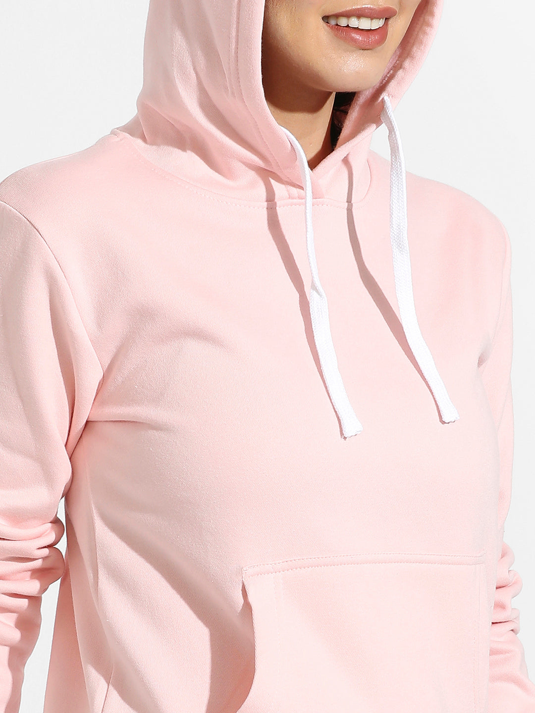 Light Pink Zip-Front Hoodie With Ribbed Hem
