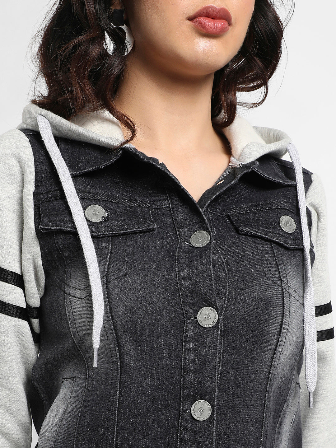 Grey & Black Denim Jacket With Sweatshirt Sleeve