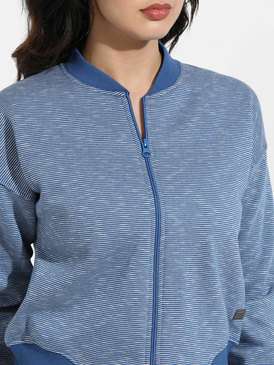 Blue Zip-Front Striped Jacket With Ribbed Hem