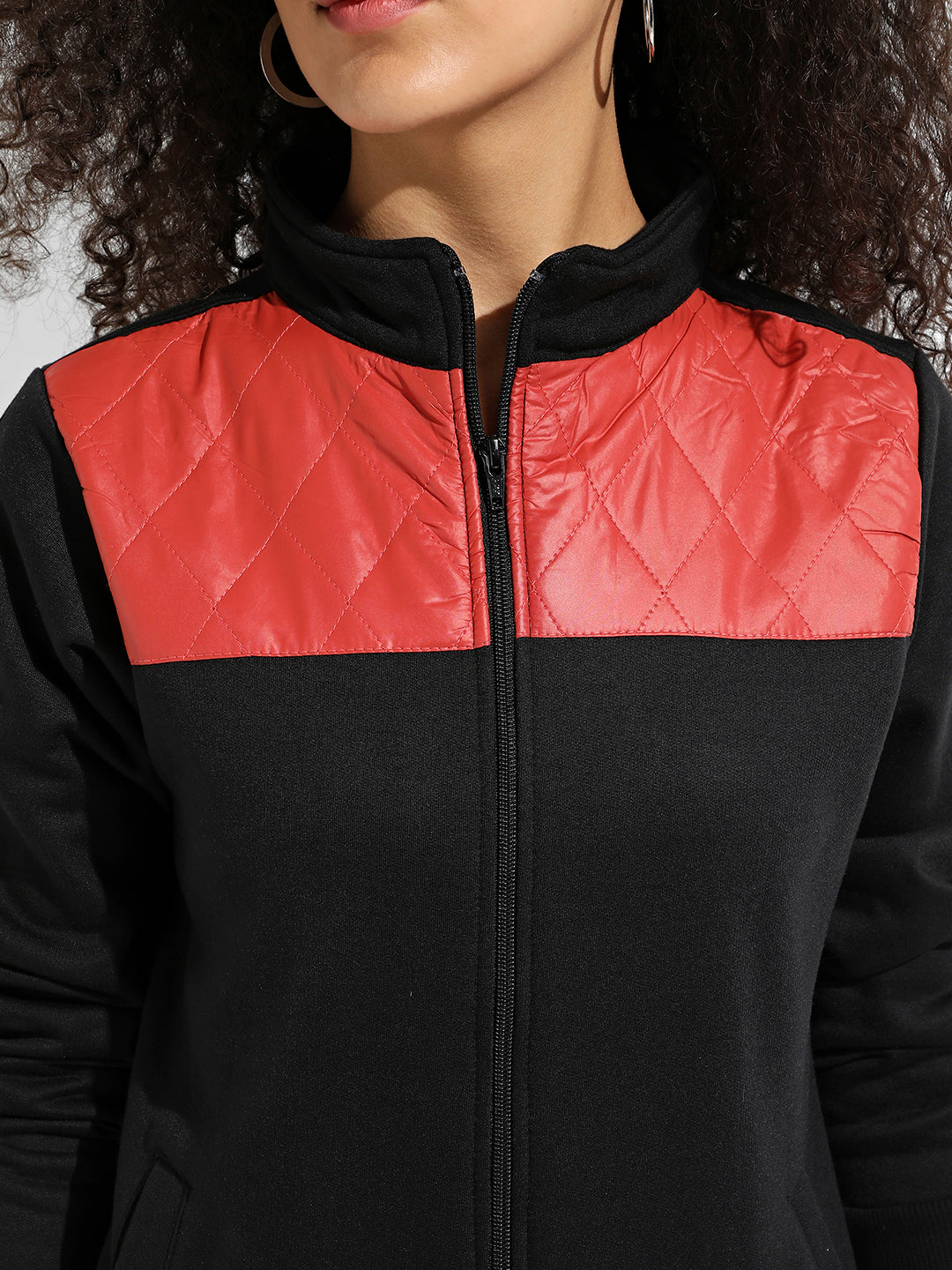 Black & Red Zip-Front Jacket With Quilted Details