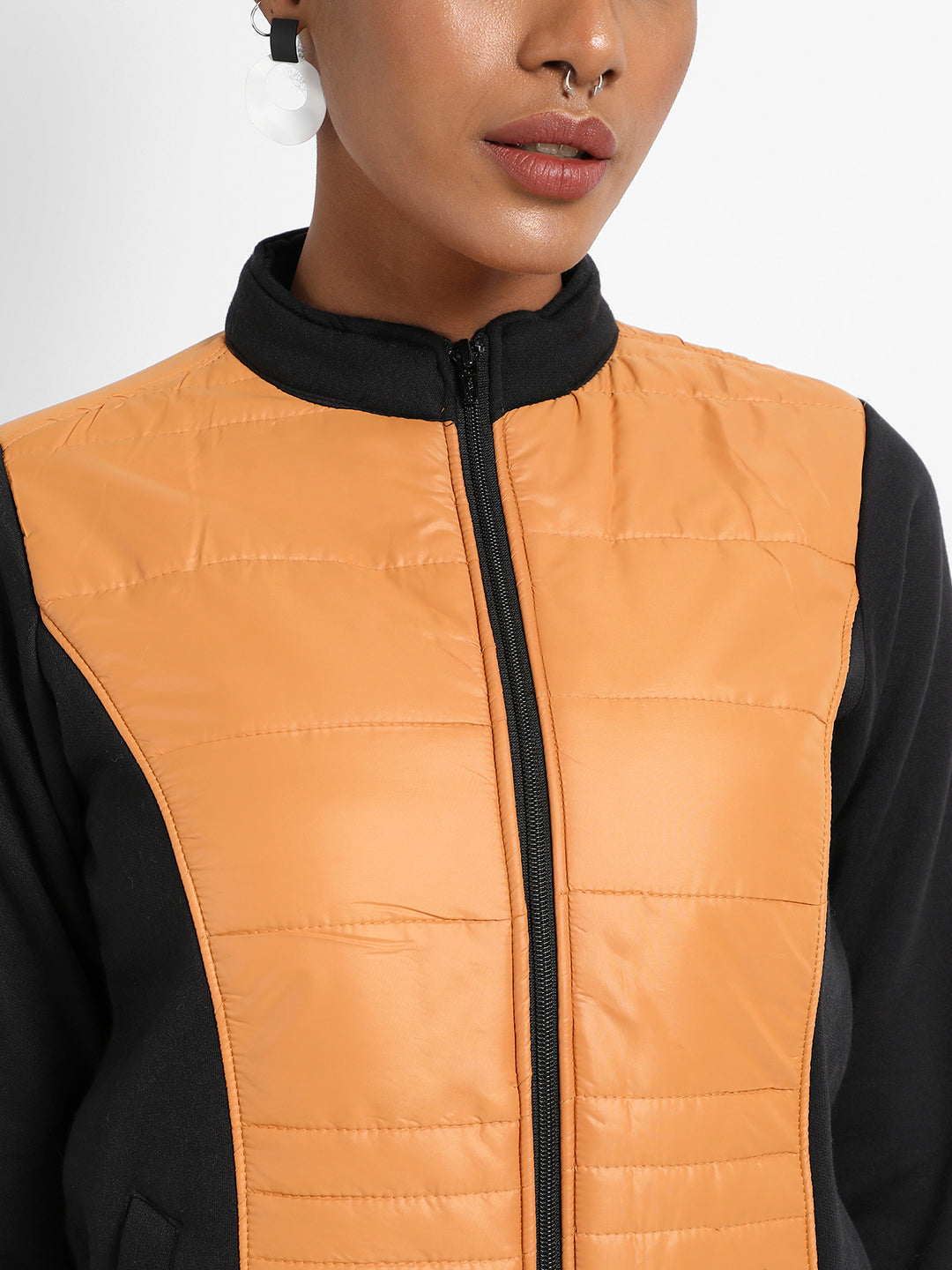 Black & Mustard Yellow Zip-Front Jacket With Quilted Details