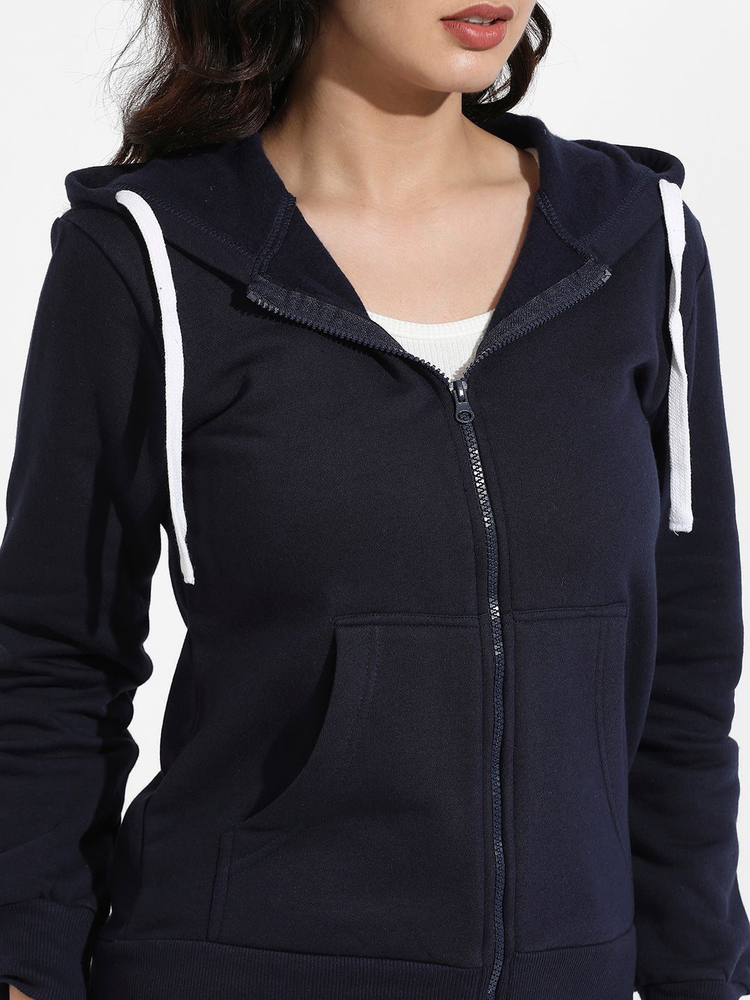 Navy Blue Zip-Front Hoodie With Contrast Drawstring