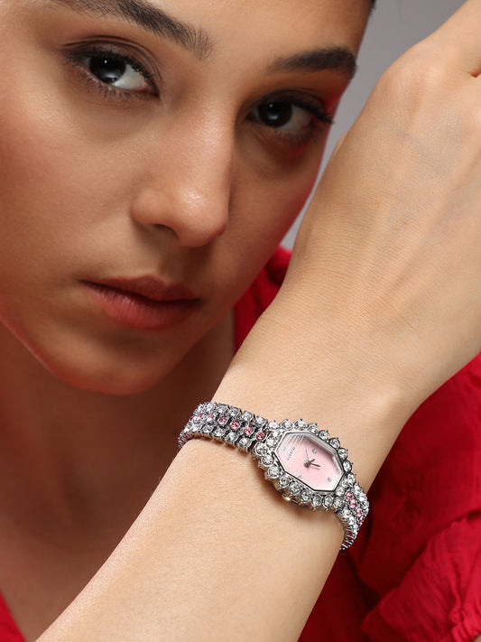 Embellished Block Oval Watch - Pink