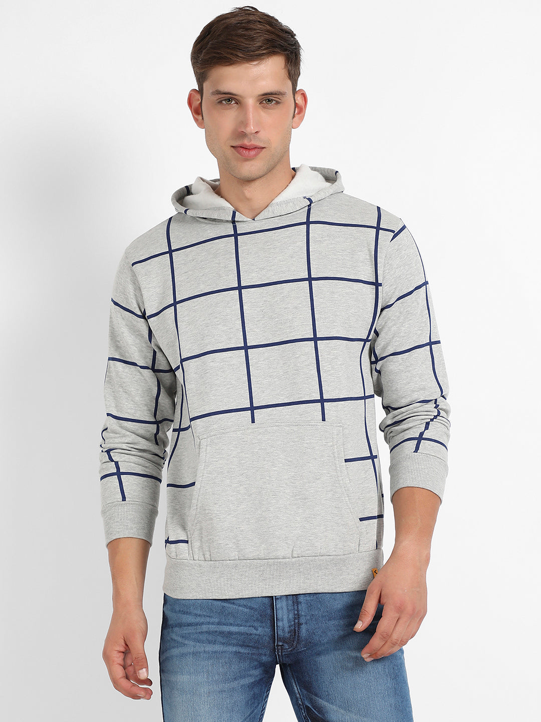 Contrast Graph Check Hoodie With Kangaroo Pocket