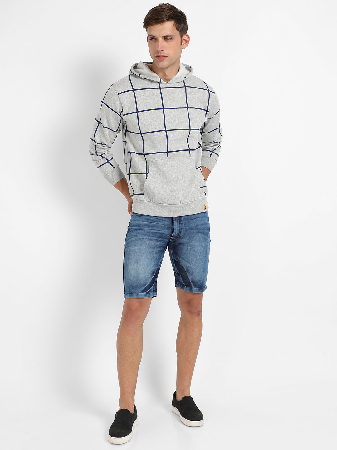 Contrast Graph Check Hoodie With Kangaroo Pocket