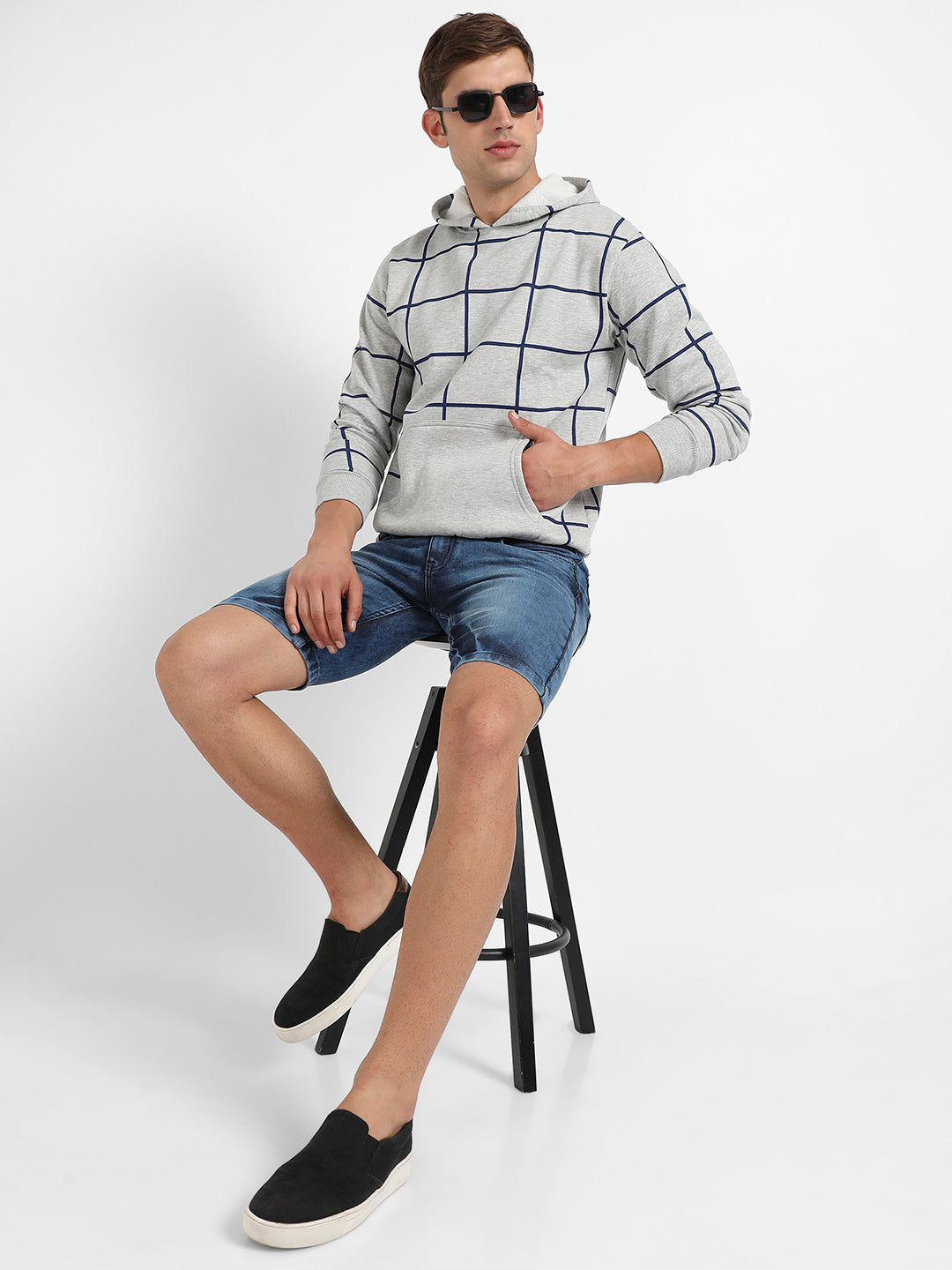 Contrast Graph Check Hoodie With Kangaroo Pocket