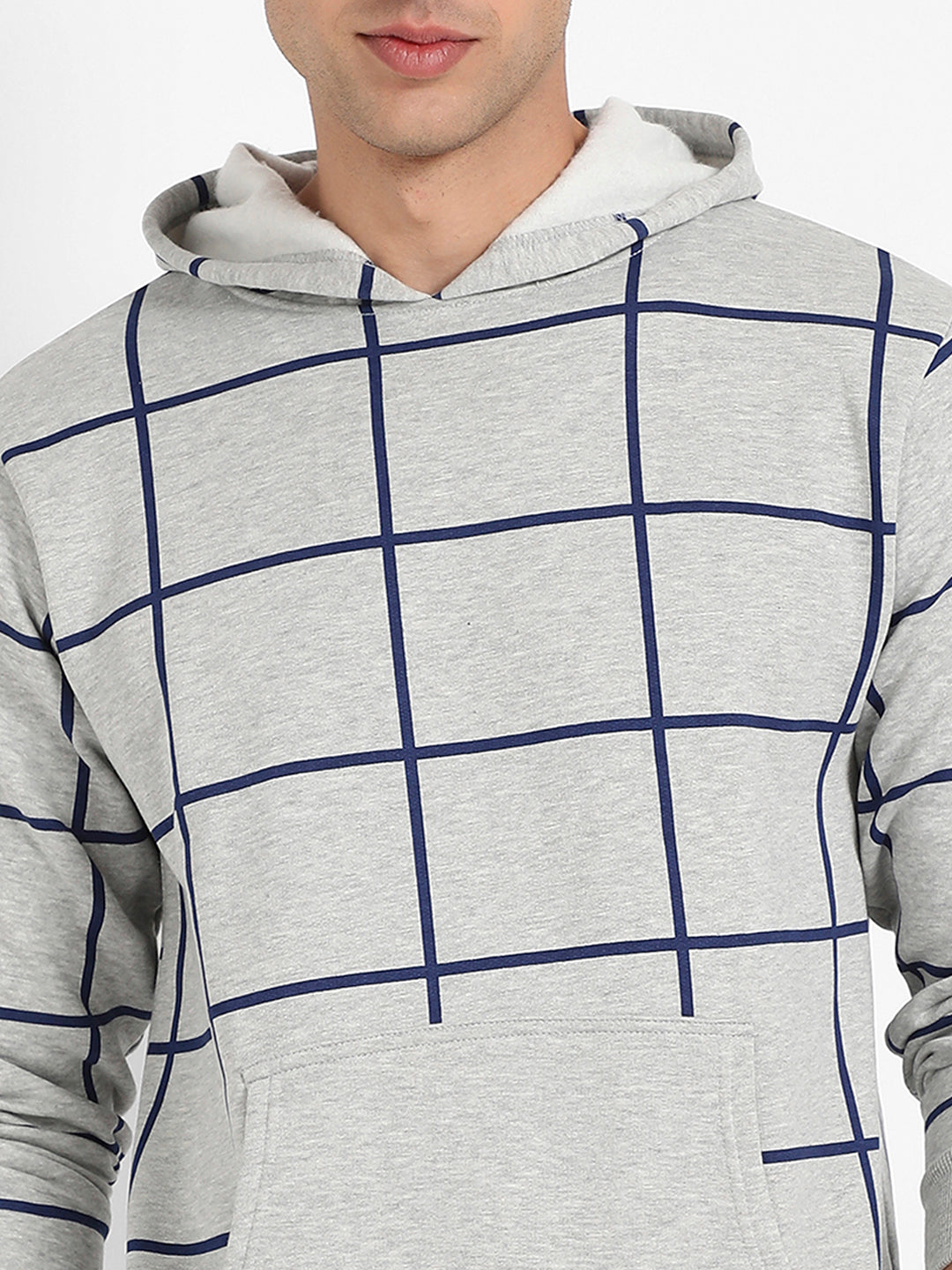 Men's Light Grey Contrast Graph Check Hoodie With Kangaroo Pocket