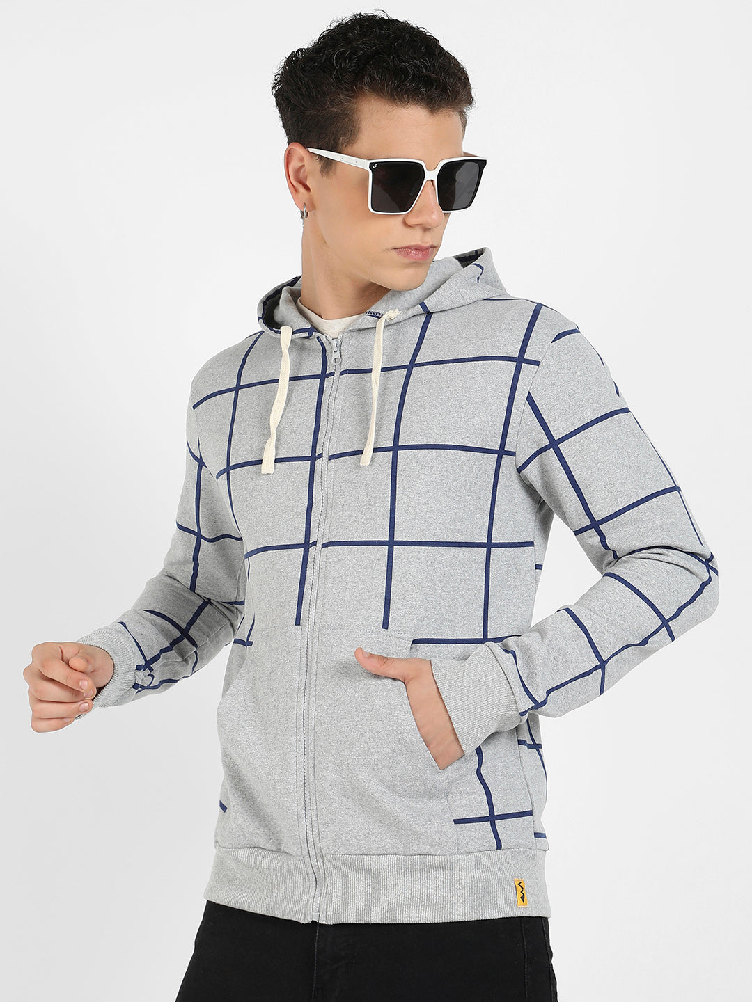 Contrast Graph Check Hoodie With Zip-Closure