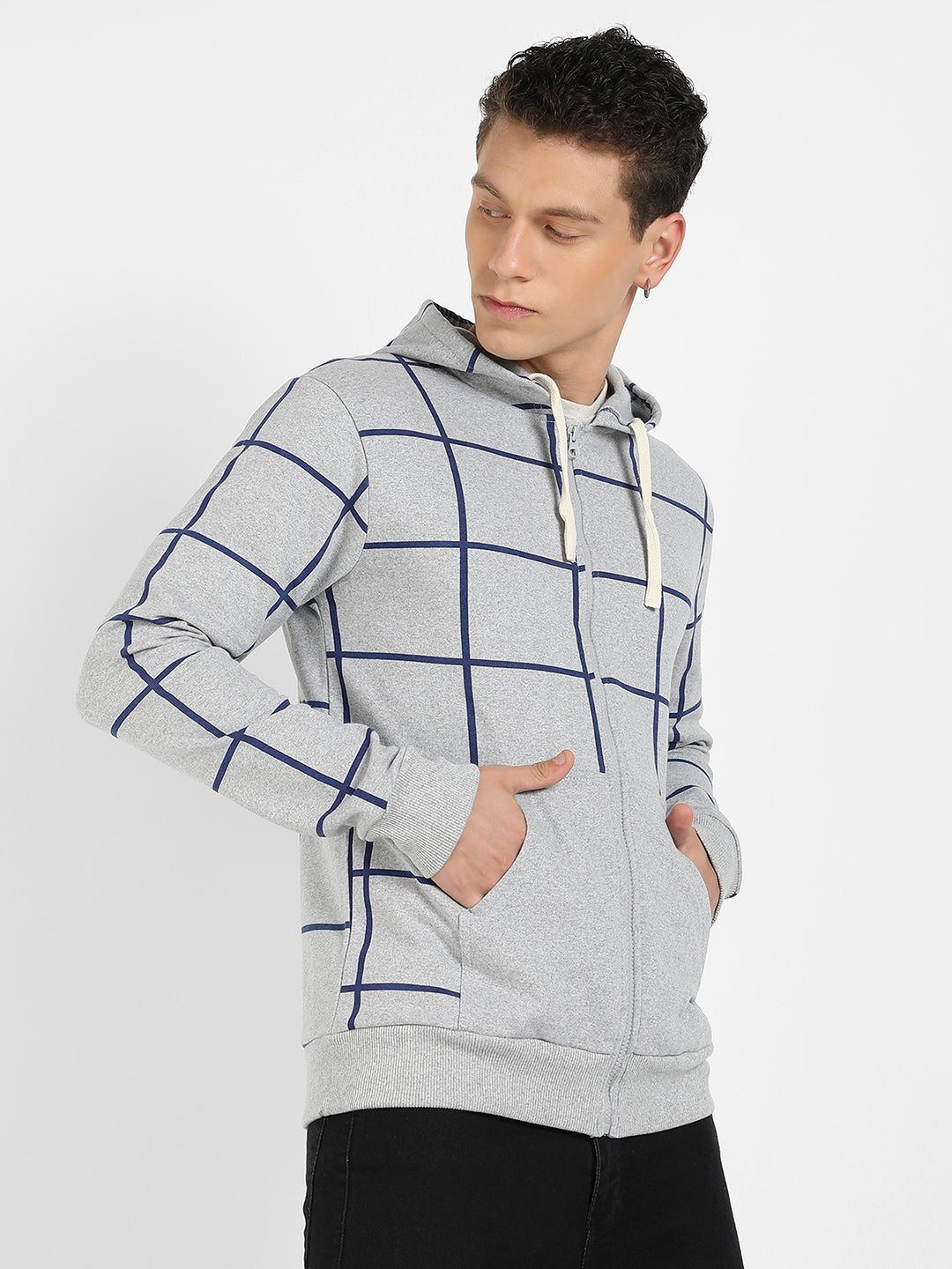 Contrast Graph Check Hoodie With Zip-Closure
