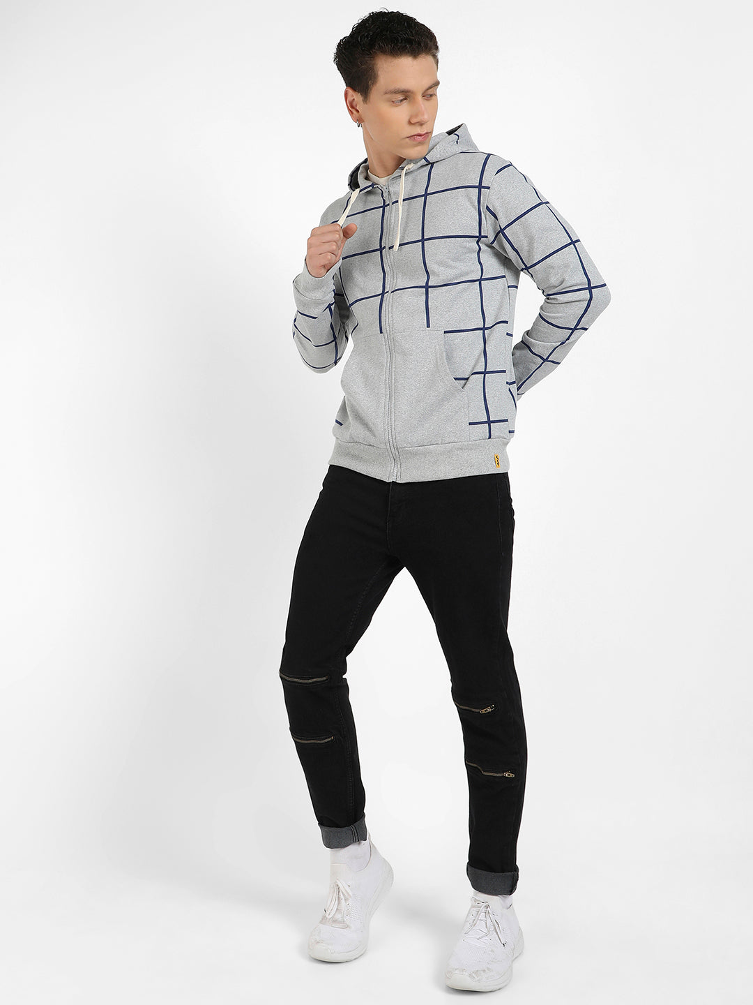 Contrast Graph Check Hoodie With Zip-Closure
