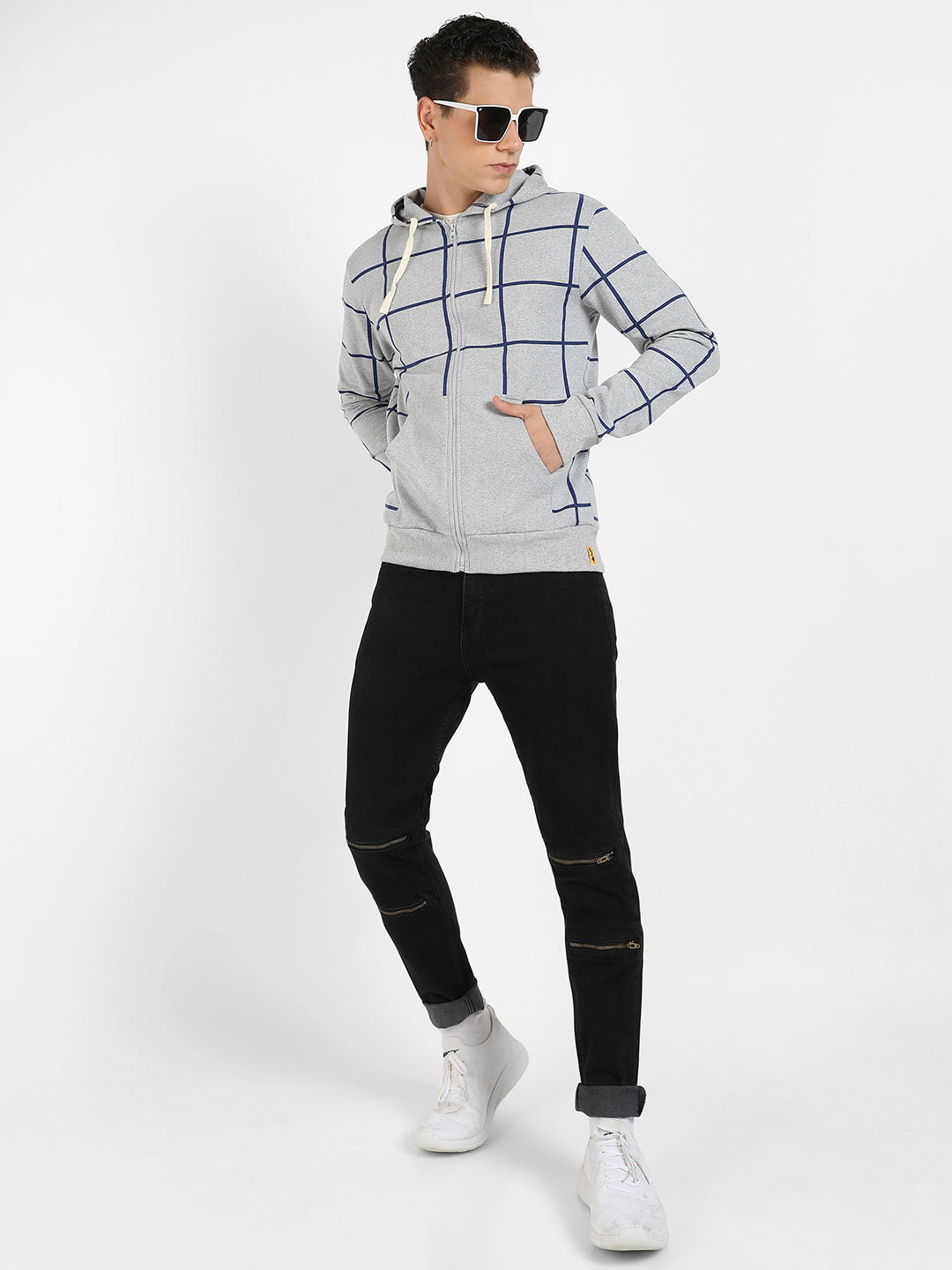 Contrast Graph Check Hoodie With Zip-Closure