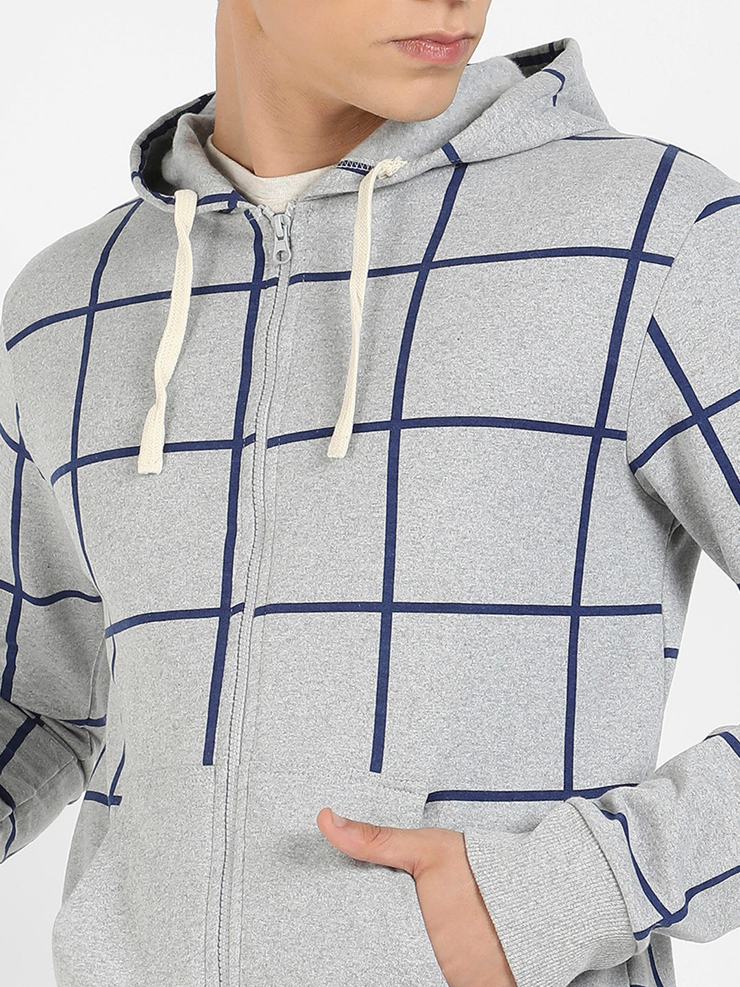 Men's Light Grey Contrast Graph Check Hoodie With Zip-Closure