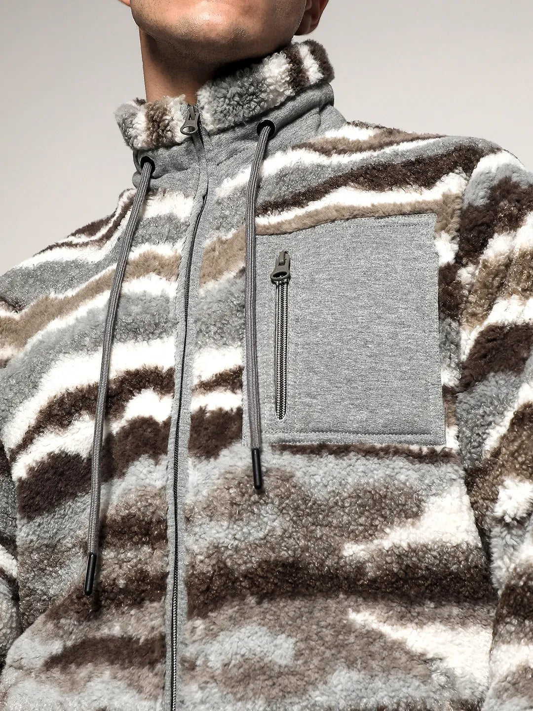 Men's Light Grey - Chocolate Brown Camouflage Sherpa Puffer Jacket