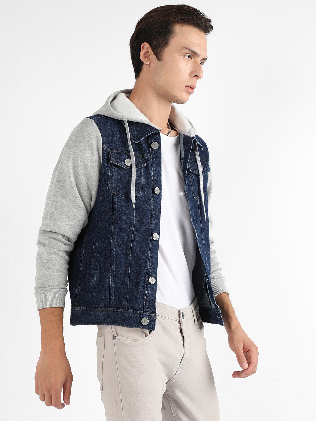 Dark-Wash Denim Jacket With Sweatshirt Sleeve
