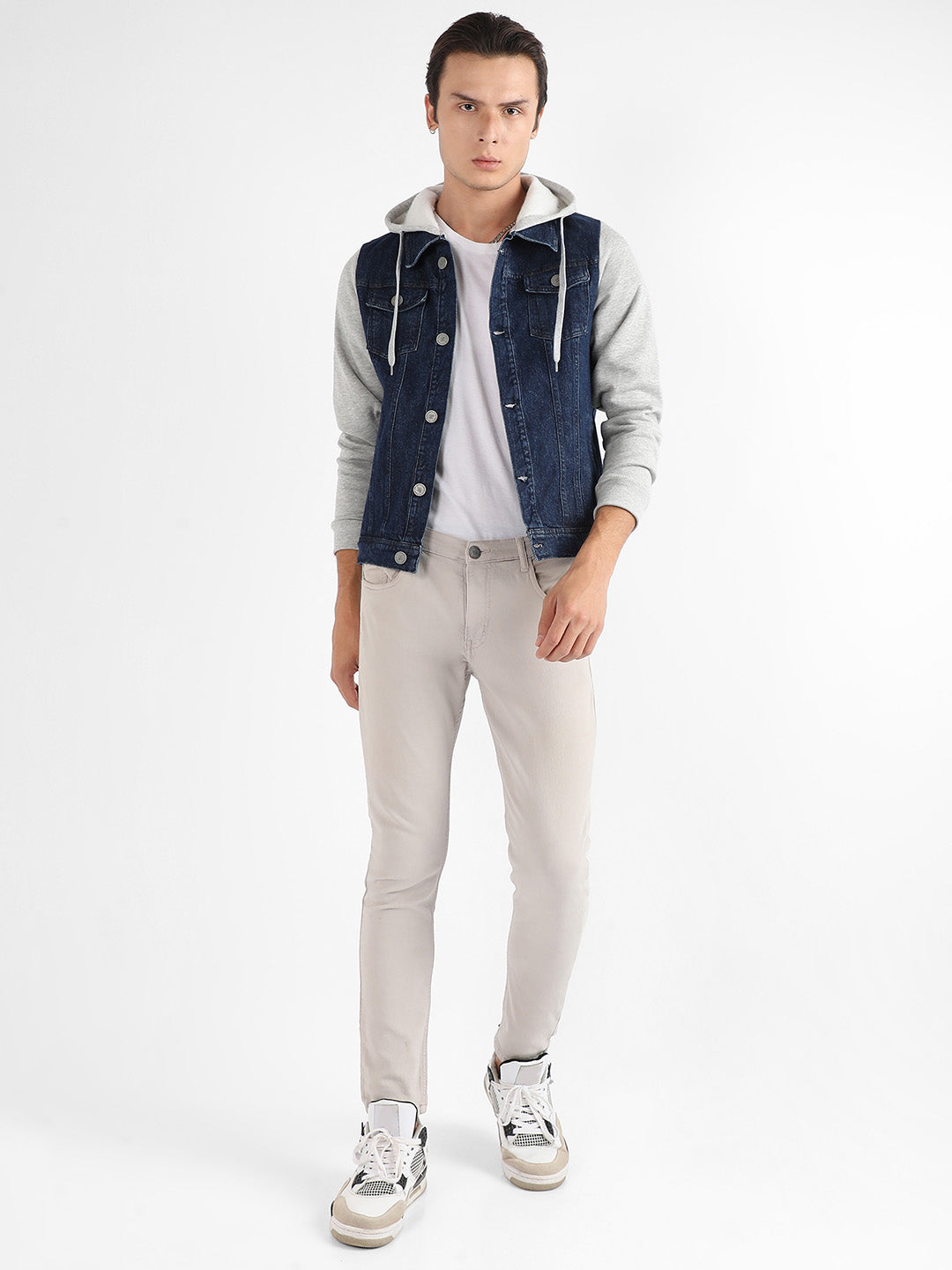 Dark-Wash Denim Jacket With Sweatshirt Sleeve