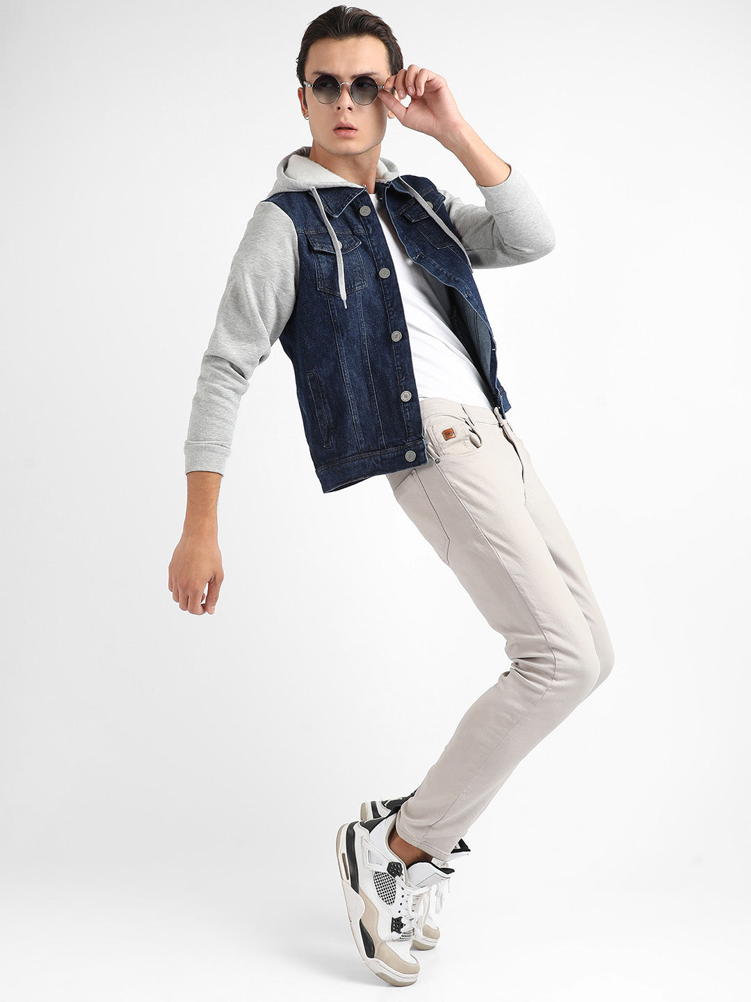 Dark-Wash Denim Jacket With Sweatshirt Sleeve