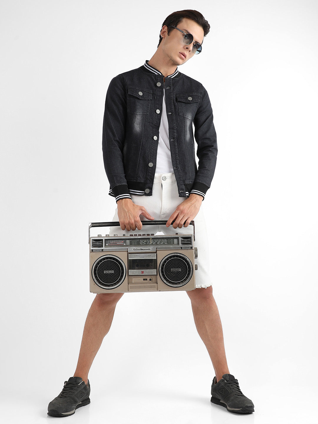 Button-Front Denim Jacket With Contrast Striped Hem