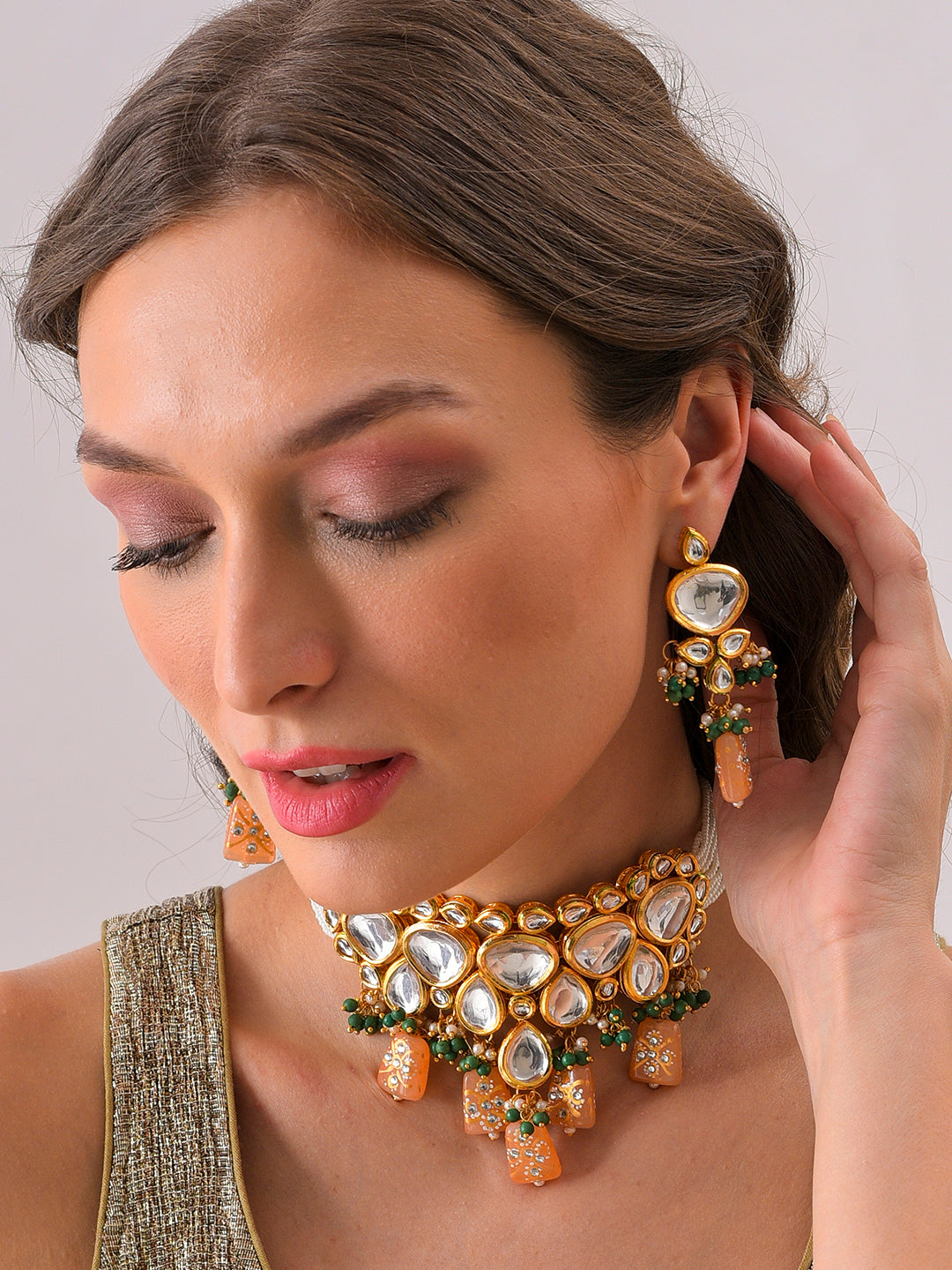 Gold Plated Kundan Beaded Necklace And Earring Set