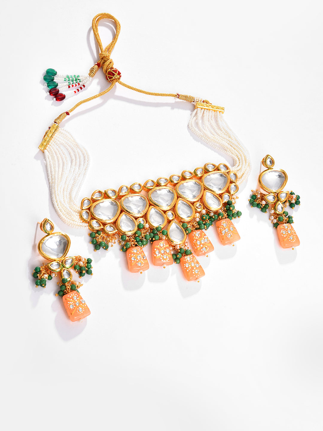 Gold Plated Kundan Beaded Necklace And Earring Set