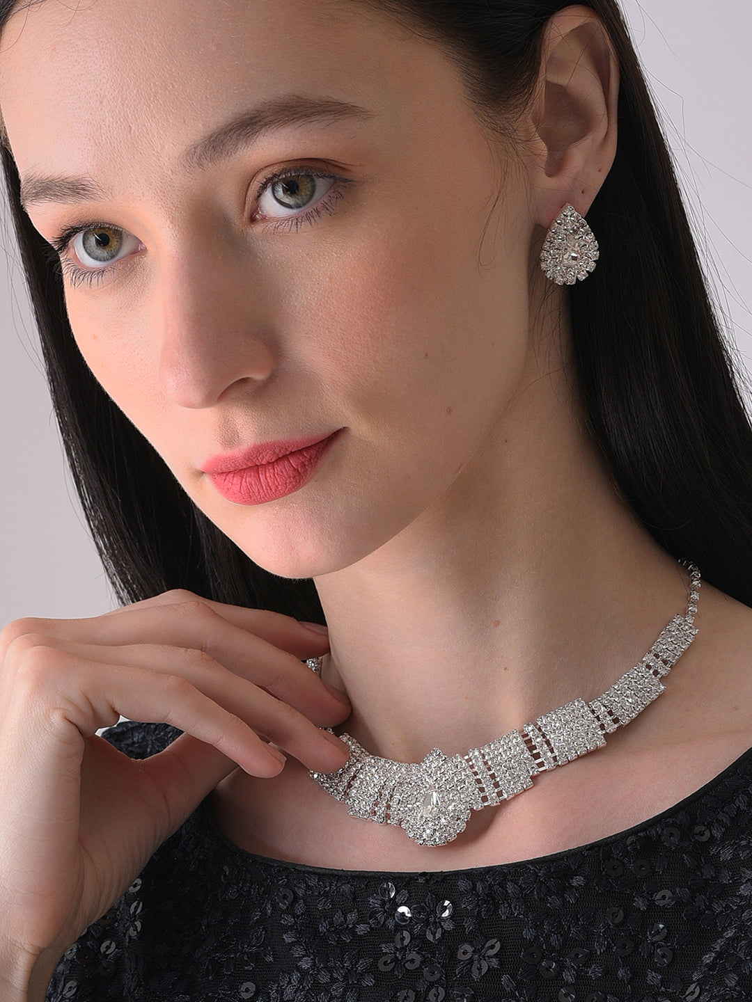 Silver Plated Designer Stone Necklace And Earring Set