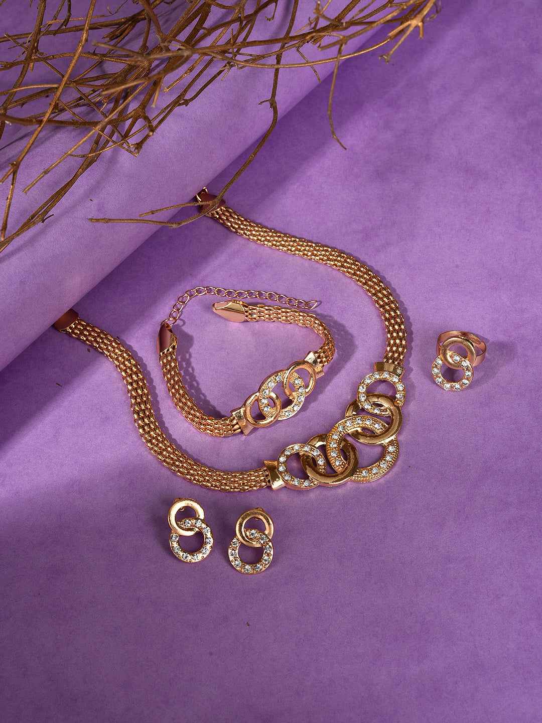 Gold Plated Designer Stone Necklace, Earrings, Bracelet And Ring Set