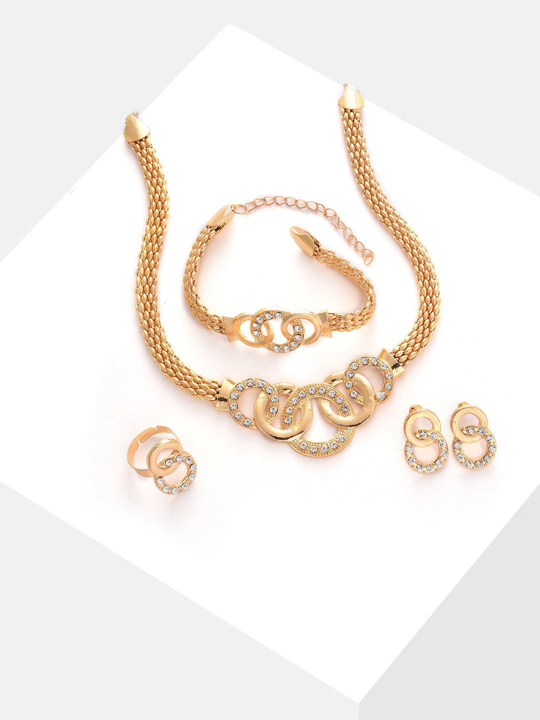 Gold Plated Designer Stone Necklace, Earrings, Bracelet And Ring Set