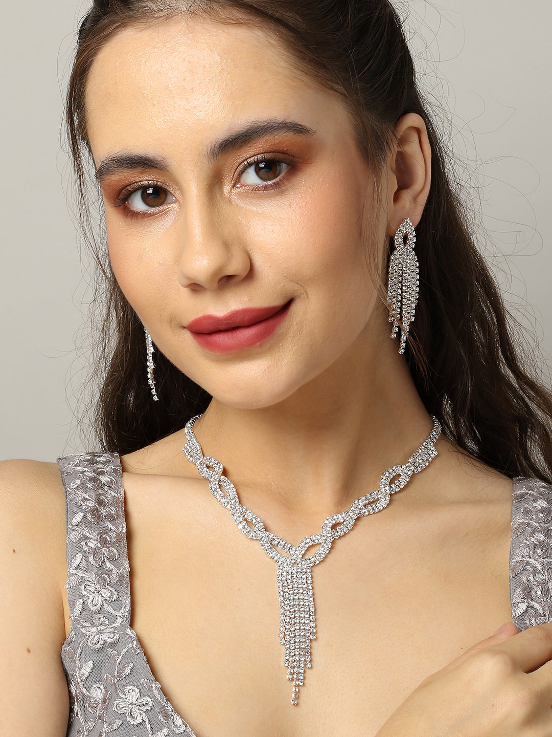 Silver Plated Designer Stone Necklace And Earring Set