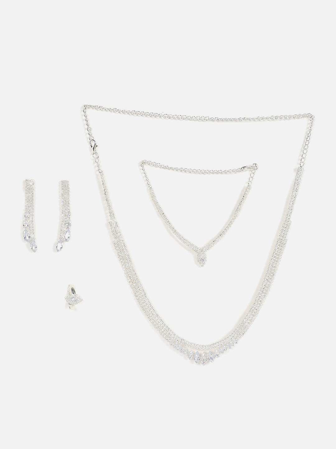 Silver Plated Designer Stone Necklace, Earrings, Bracelet And Ring Set