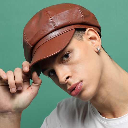 Solid Brown Leather Newsboy Cap