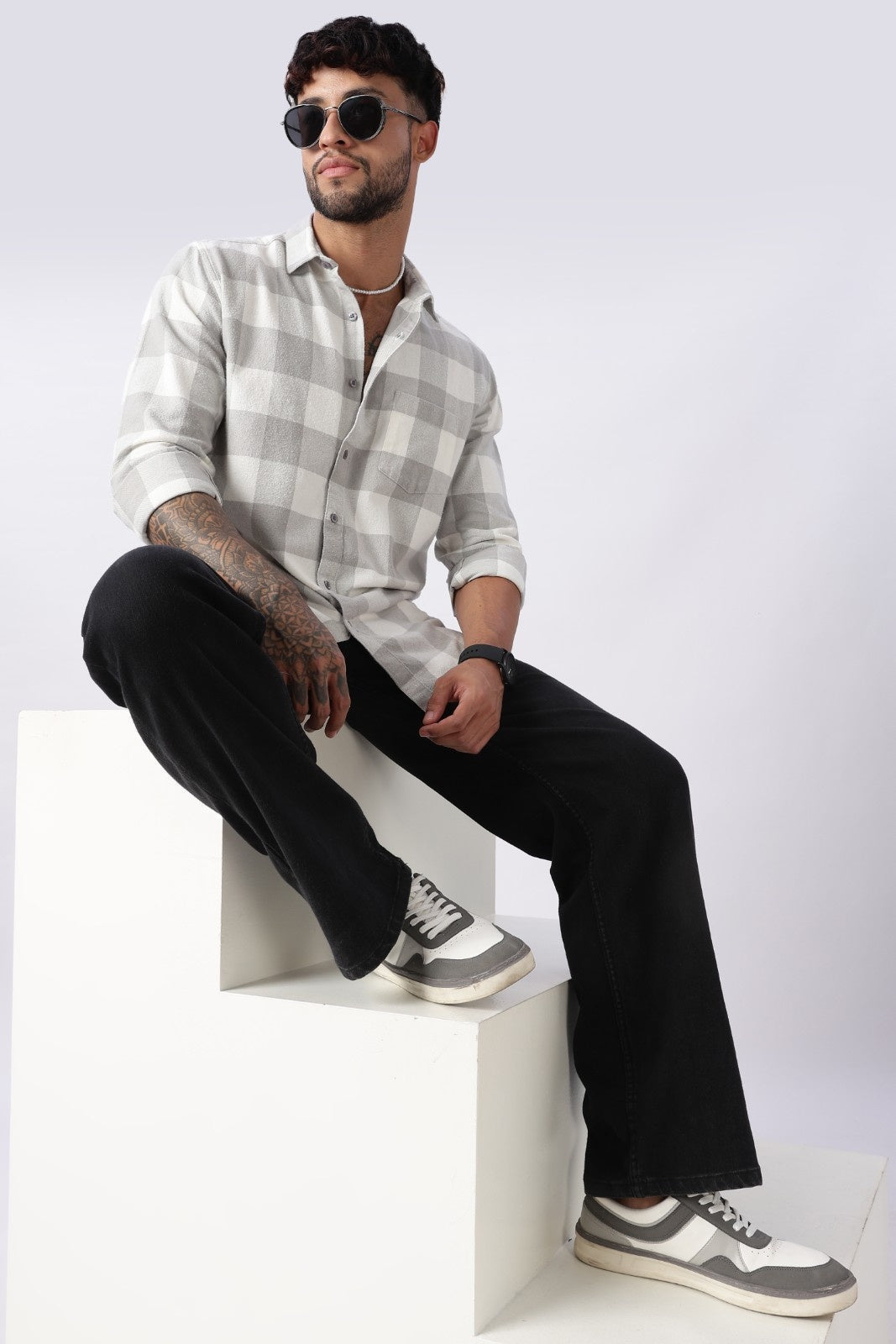 Mist Grey Buffalo Check Casual Shirt Uri