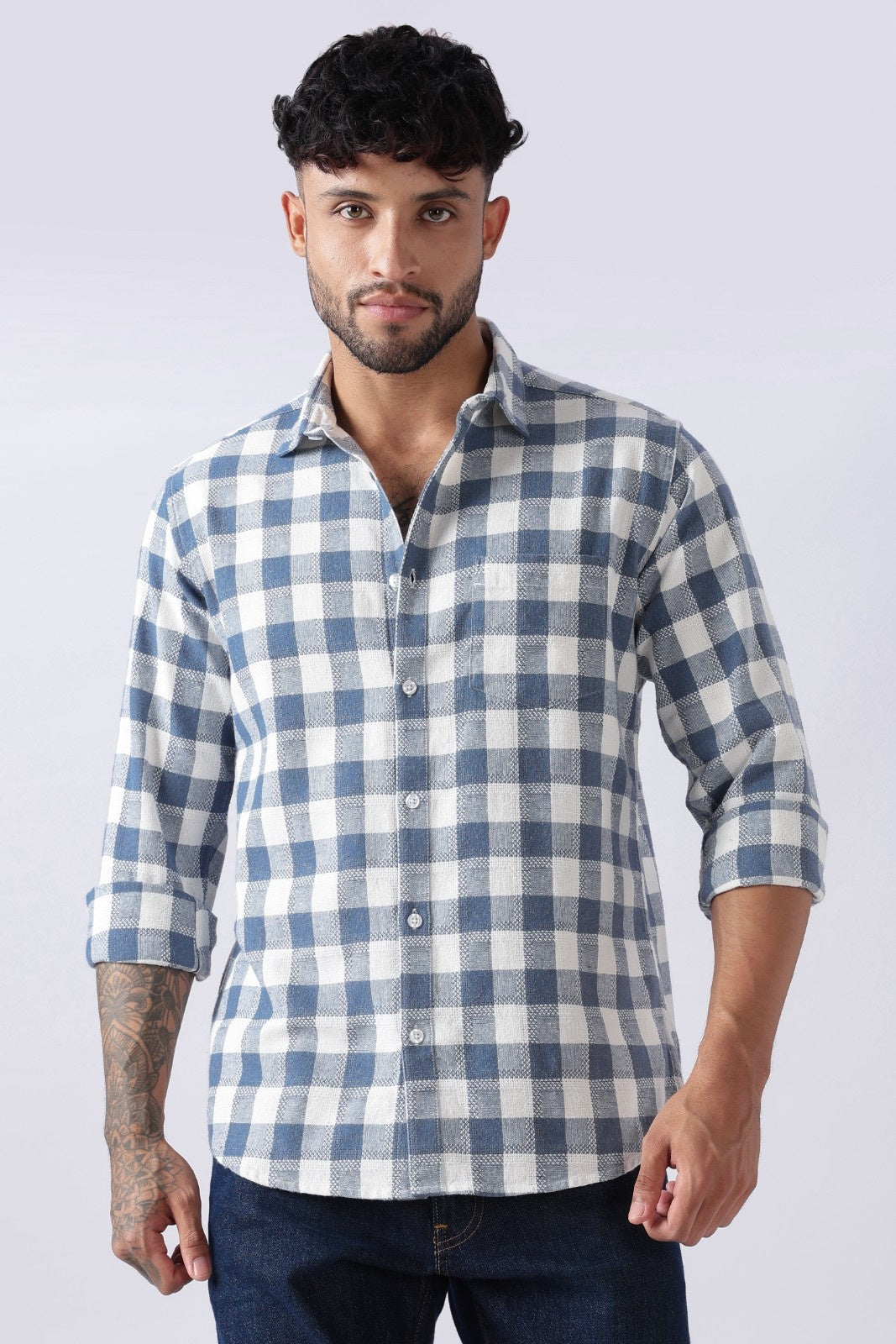 Slate Blue Dobby Check Casual Shirt Uri