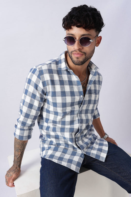 Slate Blue Dobby Check Casual Shirt Uri
