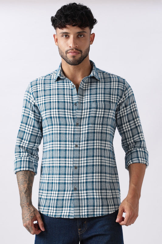 Teal Twill Check Regular Fit Cotton Shirt Uri