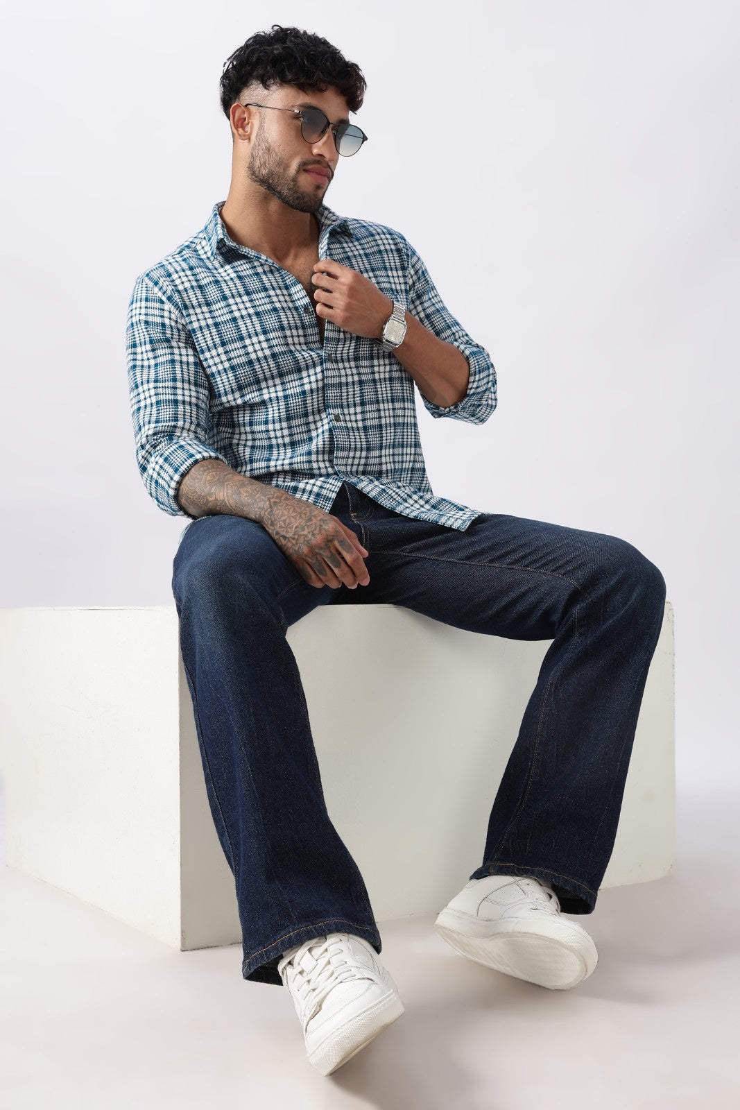 Teal Twill Check Regular Fit Cotton Shirt Uri