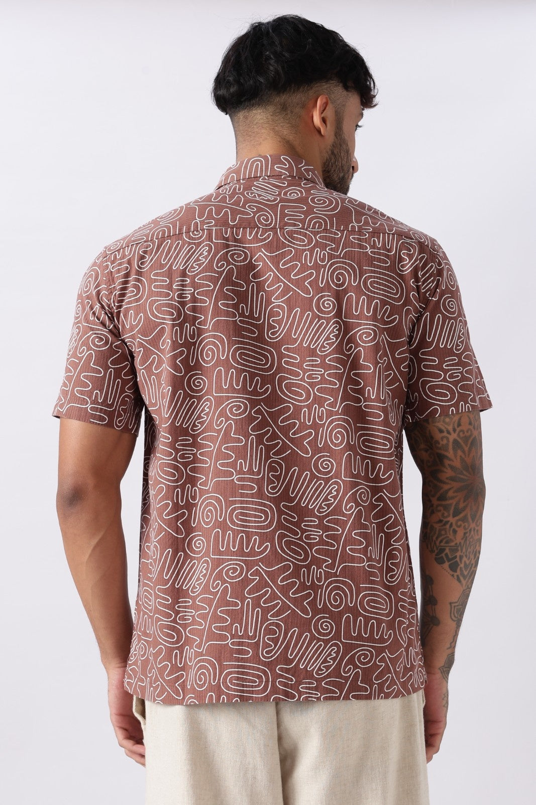 Mocha Brown Abstract Print Cotton Shirt Uri