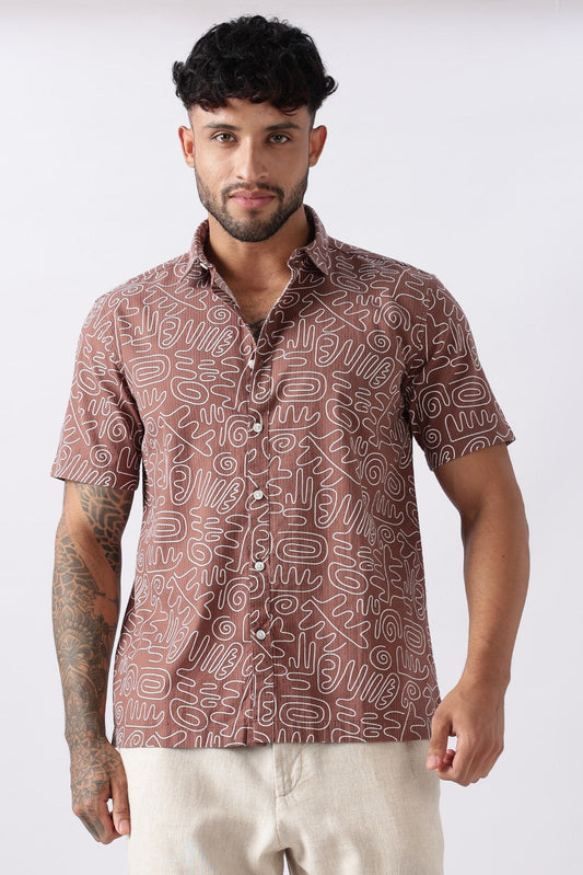 Mocha Brown Abstract Print Cotton Shirt Uri
