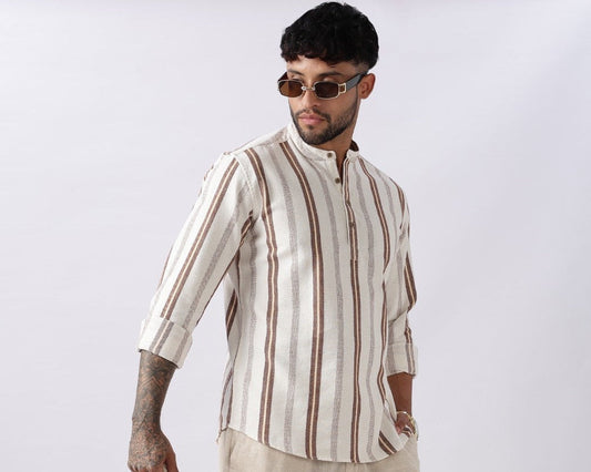 Off White Dobby Stripe Short Kurta Uri